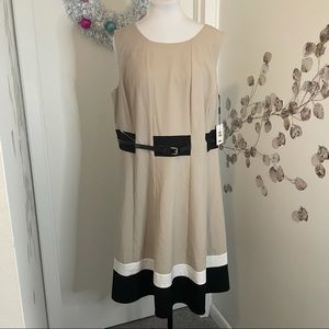 ✨Calvin Klein Tan, White, Black Belted Knit Fit & Flare Dress, 16W NWT